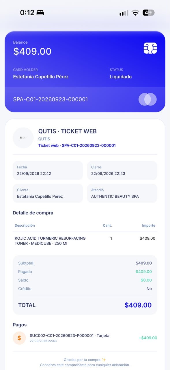 Vista móvil de QUTIS mostrando ticket web y detalle de compra